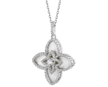 Naszyjnik z mosiądzu rodowany z cyrkoniami i masą perłową