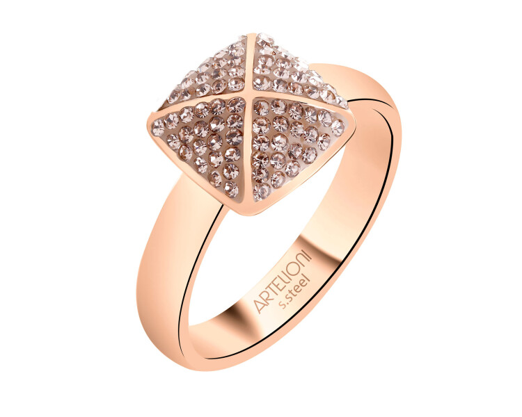 Pierścionek ze stali szlachetnej z kryształami - kwadrat