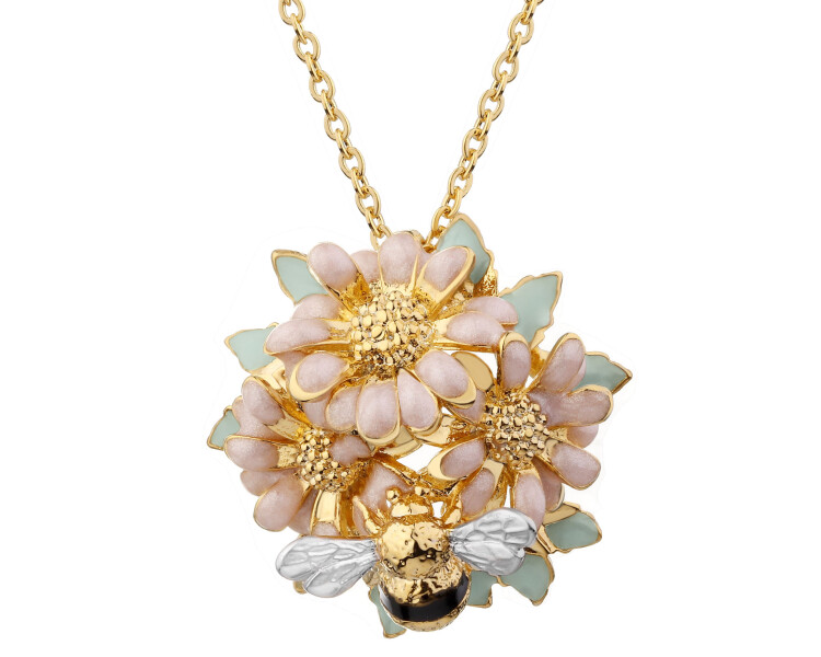 Naszyjnik z mosiądzu pozłacany z detalami z masy żywicznej - kwiaty, pszczółka