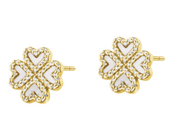 Kolczyki z mosiądzu pozłacane z cyrkoniami i masą perłową - koniczyna