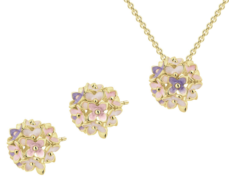 Kolczyki i naszyjnik z mosiądzu pozłacane z detalami z masy żywicznej - komplet - kwiaty