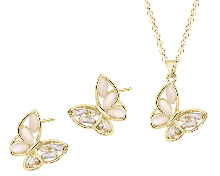 Kolczyki i naszyjnik z mosiądzu pozłacane z cyrkoniami i kocim okiem - motyle