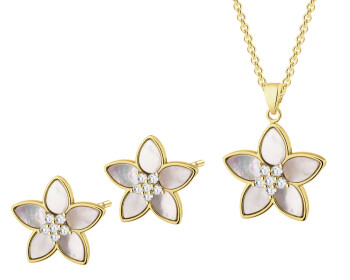Kolczyki i naszyjnik z mosiądzu pozłacane z cyrkoniami i masą perłową - komplet - kwiaty