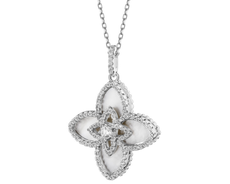 Naszyjnik z mosiądzu rodowany z cyrkoniami i masą perłową