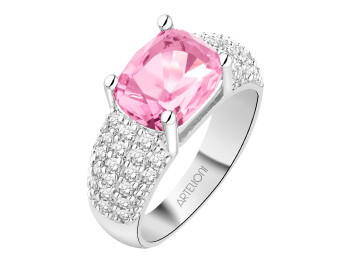 Pierścionek z mosiądzu rodowany z cyrkoniami i szklanym detalem