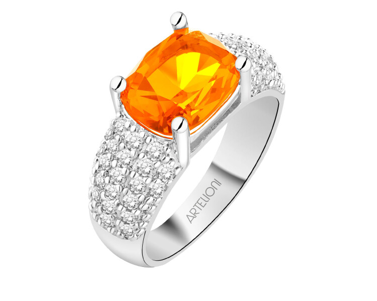 Pierścionek z mosiądzu rodowany z cyrkoniami i szklanym detalem