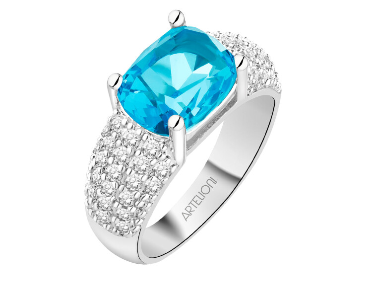 Pierścionek z mosiądzu rodowany z cyrkoniami i szklanym detalem