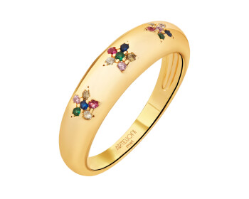 Pierścionek z mosiądzu pozłacany z cyrkoniami - kwiaty