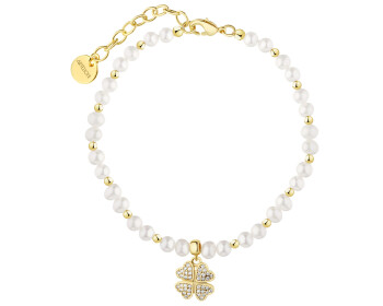 Bransoletka z mosiądzu pozłacana z perłami i cyrkoniami - koniczyna