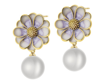 Kolczyki z mosiądzu pozłacane z detalami z masy żywicznej i perłami - kwiaty