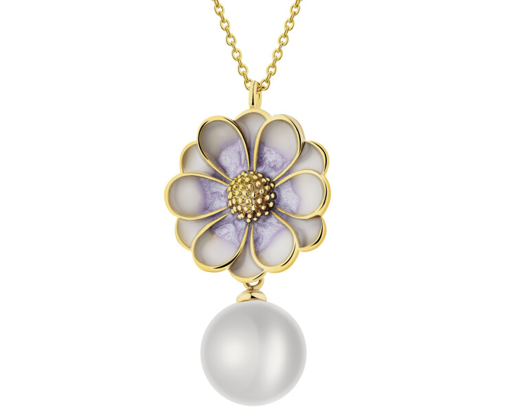 Naszyjnik z mosiądzu pozłacany z detalami z masy żywicznej i perłą - kwiat