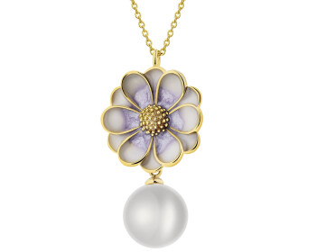 Naszyjnik z mosiądzu pozłacany z detalami z masy żywicznej i perłą - kwiat