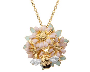 Naszyjnik z mosiądzu pozłacany z detalami z masy żywicznej - kwiaty, pszczółka