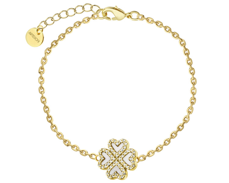 Bransoletka z mosiądzu pozłacana z cyrkoniami i masą perłową - koniczyna