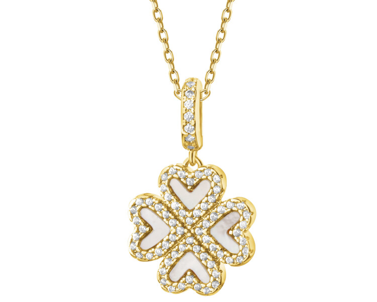 Naszyjnik z mosiądzu pozłacany z cyrkoniami i masą perłową - koniczyna